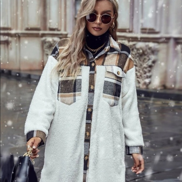 New plaid white button down Teddy jacket - Picture 4 of 8